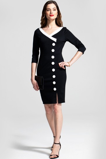 Hotsquash Black 50's Silky Trimmed Button Wiggle Dress