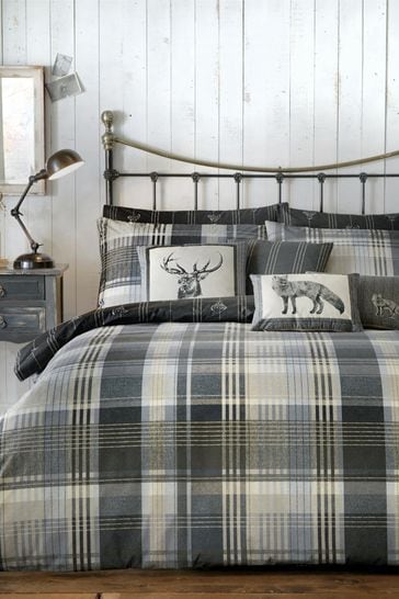 D&D Grey Connolly Check Brushed Cotton Flannel Duvet Cover and Pillowcase Set