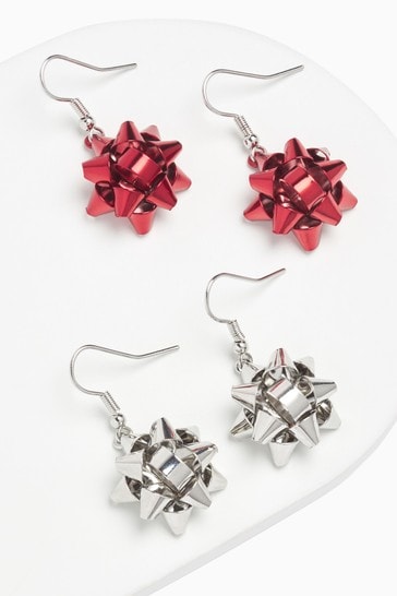 Red/Silver Tone Christmas Bow Earrings 2 Pack