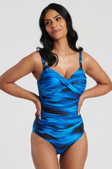 South Beach Blue Printed Cross-Over Tummy Control Swimsuit