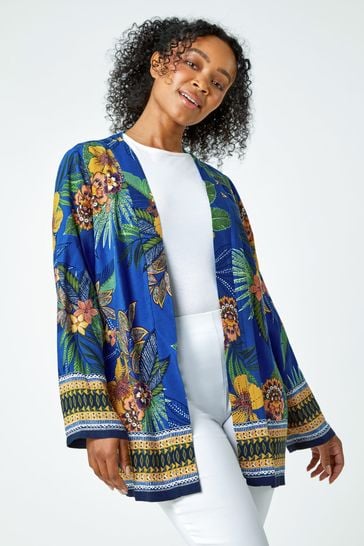 Buy Roman Blue Multi Petite Tropical Print Kimono Jacket from the