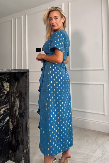 Buy Girl In Mind Blue Metallic Foil Spot Farren Wrap Maxi Dress
