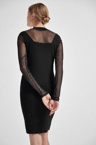 black cocktail dress with sheer sleeves