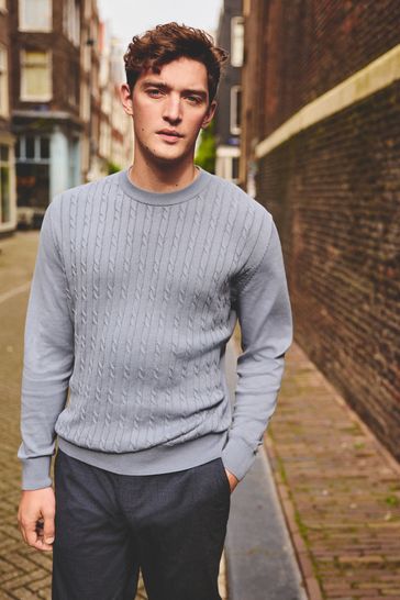 Buy Blue Regular Fine Cable Knitted Jumper from Next Luxembourg