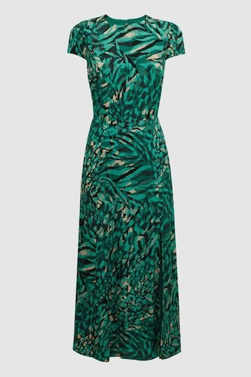 Reiss Green Livia Printed Cut Out Fitted Midi Dress