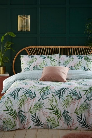 furn. Green Bali Palm Reversible Jungle Botanic Duvet Cover and Pillowcase Set