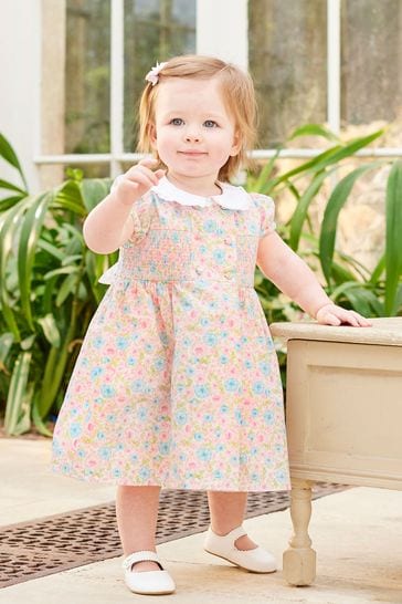 Trotters London Pink Little Alice Floral Smocked Cotton Dress