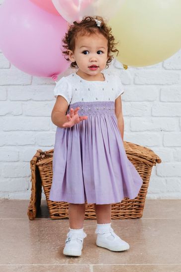 Trotters London Purple Little Rose Hand Smocked Cotton Dress