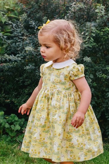 Trotters London Little Yellow Cotton Bunny Dress