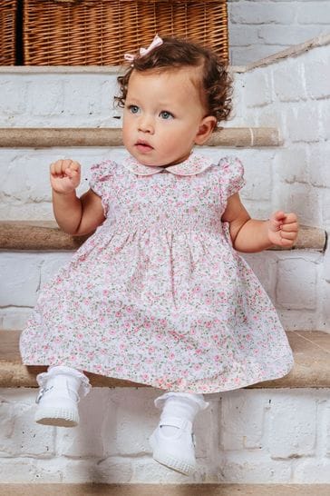 Trotters London Little Pink Catherine Rose Smocked Cotton Dress
