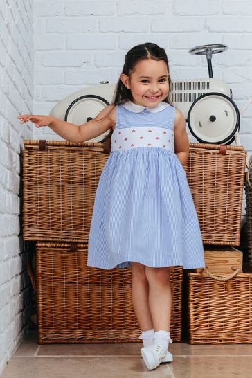 Trotters London Blue Stripe Tilly Smocked Cotton Dress