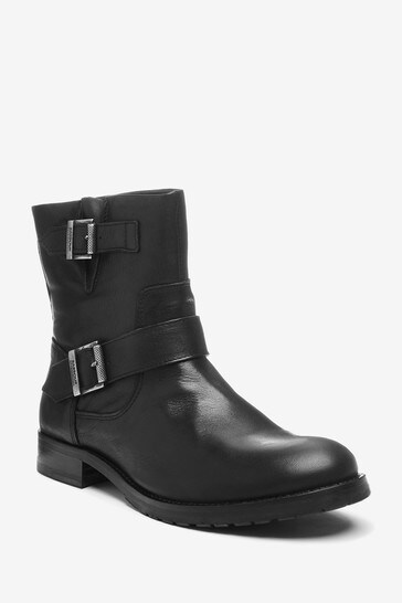 Leather buckle boots womens outlet