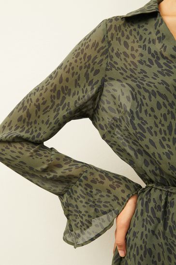 Green leopard print long sleeve dress clearance