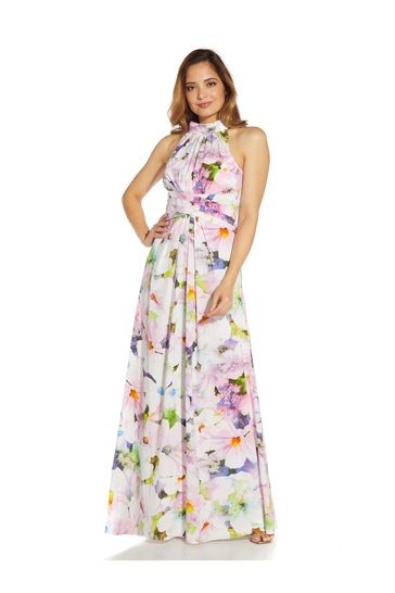 Adrianna Papell Gold Floral Halter Gown
