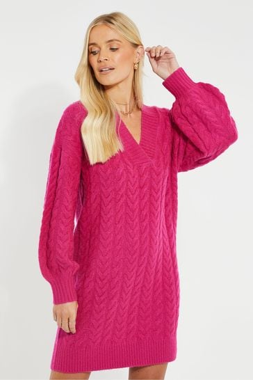 Threadbare Pink V-Neck Chunky Cable Knit Jumper Dress