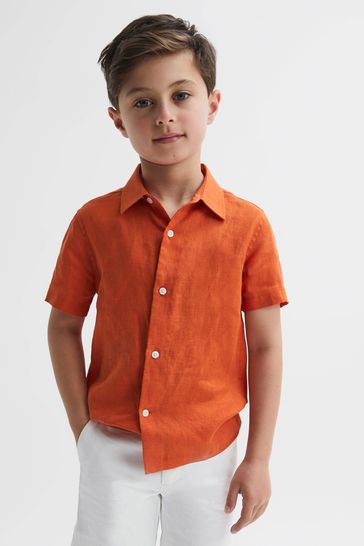 Reiss Burnt Orange Holiday Junior Short Sleeve Linen Shirt
