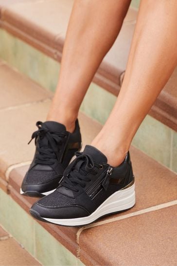 Linzi Black Everett Wedged Trainers With Glitter Detail