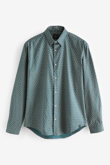 Buy Green Stretch Oxford Printed Long Sleeve Shirt from Next