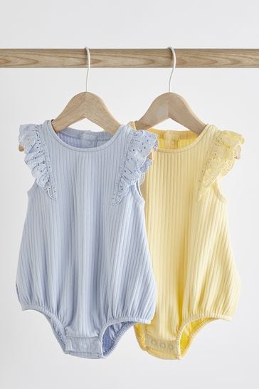 Blue/Yellow Frill Shoulder Baby Short Sleeve Bodysuits 2 Pack
