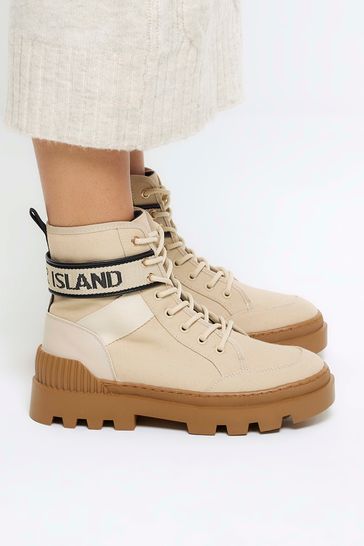 Buy River Island Brown Beige Branded Canvas Boots from Next Israel