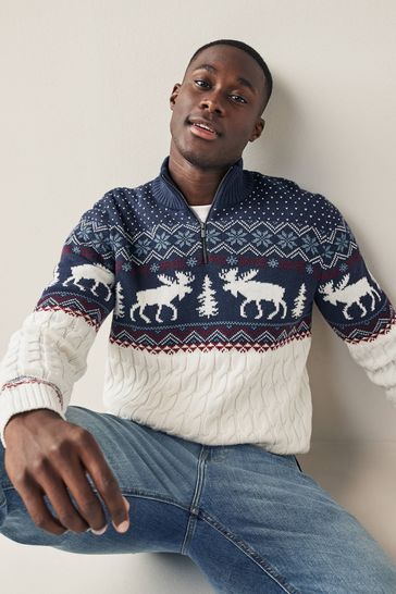 Buy Ecru Cream Navy Blue Zip Neck Regular Knitted Christmas Jumper from Next Netherlands