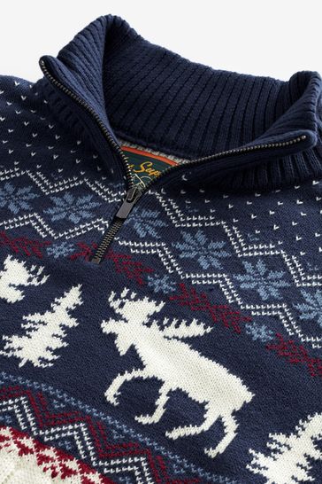 Buy Ecru Cream Navy Blue Zip Neck Regular Knitted Christmas Jumper
