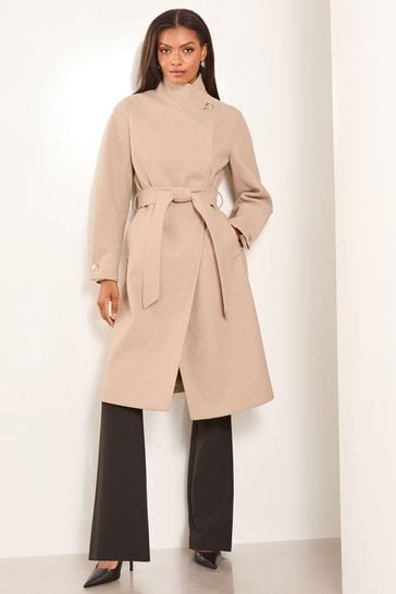 Lipsy Biege Petite Funnel Neck Wrap Belted Coat With Wool