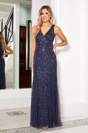 Sistaglam Navy Blue Sleeveless Wrap Embellished Sequin V Neck Maxi Dress