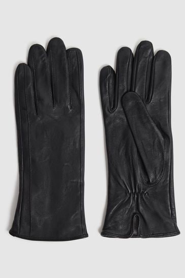 Reiss Black Giselle Leather Ruched Gloves