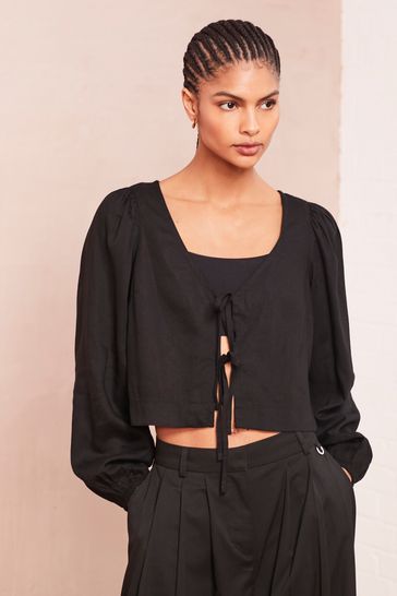 Black Tie Front Blouse with Linen