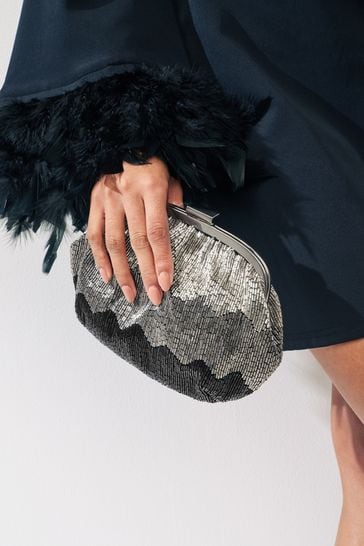Silver Beaded Occasion Clutch Bag