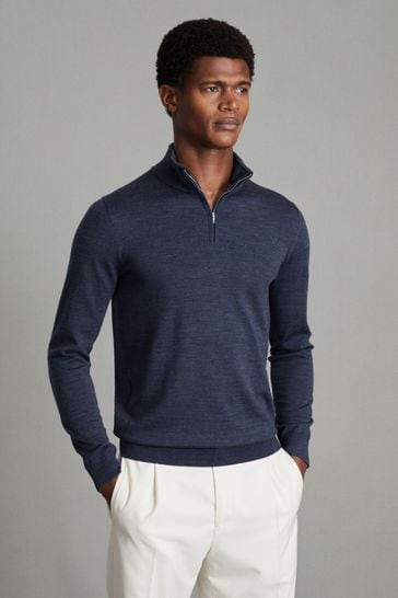 Reiss Indigo Melange Blackhall Merino Wool Half Zip Funnel Neck Jumper