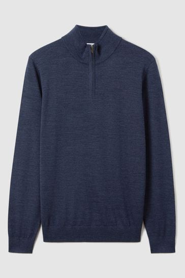 Buy Reiss Indigo Melange Blackhall Merino Wool Half Zip Funnel