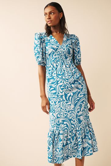 Blue floral best sale ruffle dress