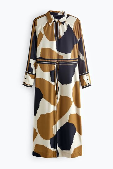 Black Brown Ecru Cream Cow Print Long Sleeve Column Midi Dress