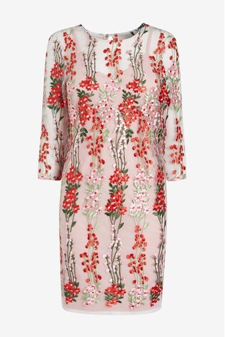 red floral embroidered dress