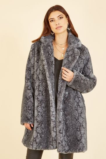 Yumi Grey Snakeskin Print Faux Fur Coat
