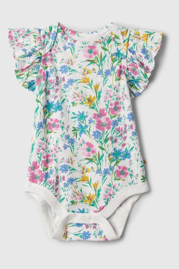 Gap White, Blue & Pink Floral Ruffle Short Sleeve Bodysuit (Newborn-24mths)