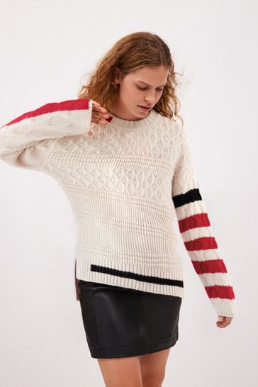 Buy Ecru White with Black Red Stripes Preen Mixed Cable Stitch Jumper from Next Luxembourg