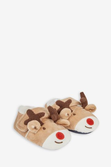 JoJo Maman Bébé Mocha Girls' Reindeer Easy On Slippers