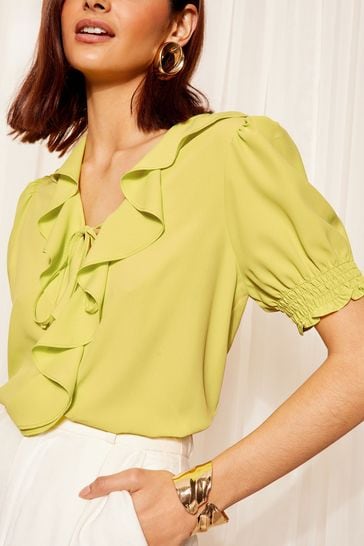 Friends Like These Green Ruffle Front Puff Sleeve Blouse