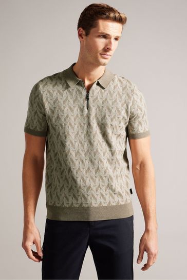 Ted Baker Green Mitford Short Sleeve Bouclé Jacquard Zip Polo Shirt