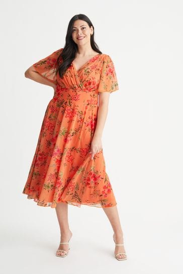 Scarlett & Jo Orange Flower Print Victoria Angel Sleeve Mesh Long Midi Dress