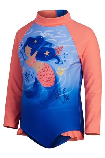 Speedo Girls Blue Digital Long Sleeve Frill Swimsuit