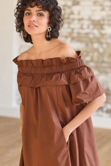 Buy Chocolate Brown Bardot Frill Midi Poplin Dress from Next Poland