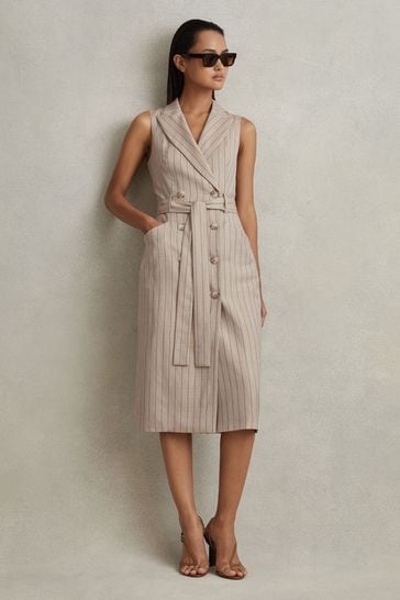 Reiss Neutral Andie Wool Blend Striped Double Breasted Midi Dress