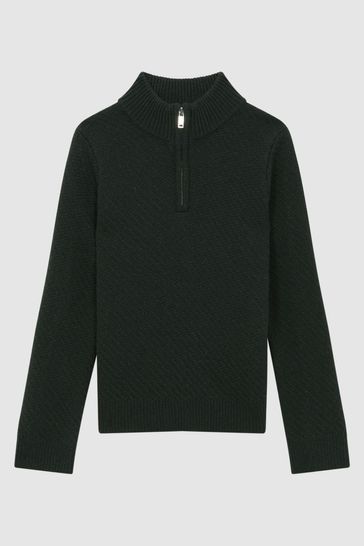 Reiss Forest Green Tempo Senior Slim Fit Knitted Half-Zip Funnel Neck Jumper