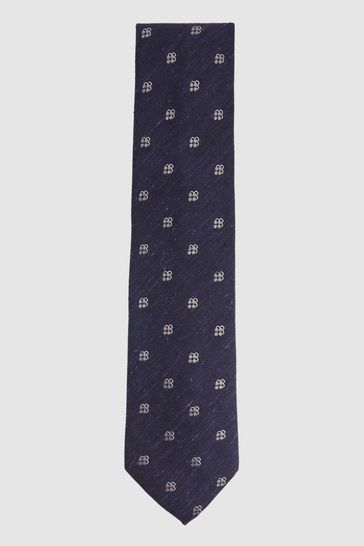 Reiss Navy Francesco Silk Blend Textured Floral Print Tie