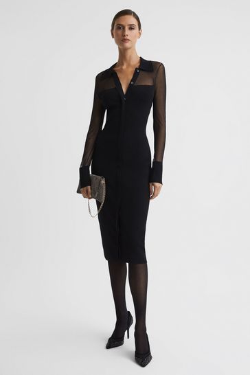 Reiss Black Nala Sheer Knitted Button-Through Midi Dress