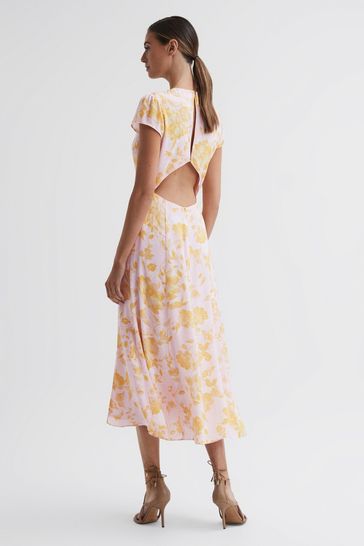 Reiss Pink/Yellow Livia Petite Floral Cut-Out Back Midi Dress